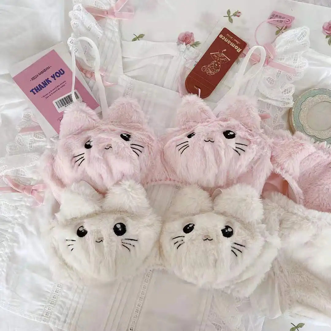 Japanese Kawaii Plush Women Bra Set Cute Girl Cat Comfortable Bra Set Cartoon Underwear Lovely Soft Student Lingerie
