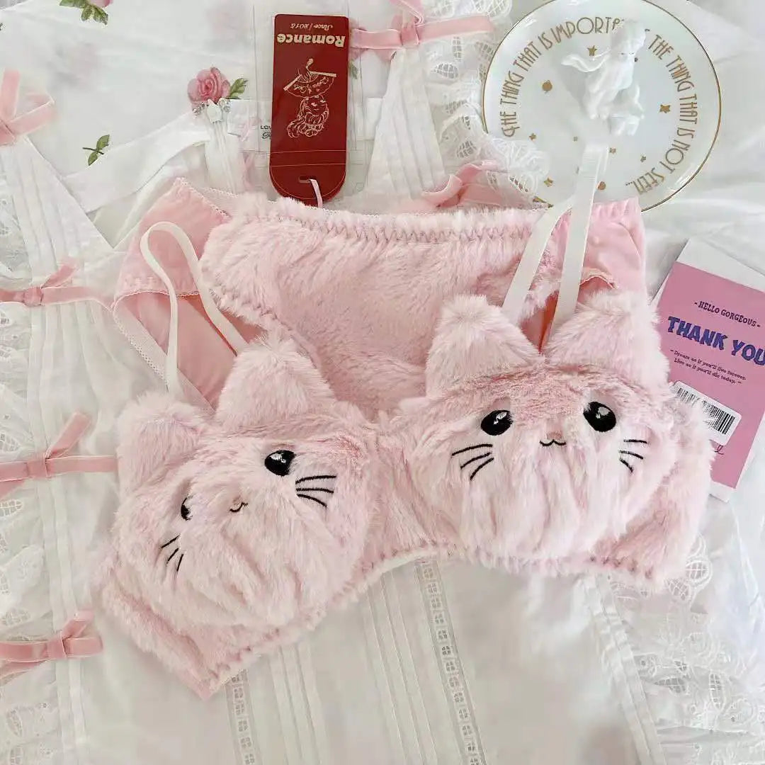Japanese Kawaii Plush Women Bra Set Cute Girl Cat Comfortable Bra Set Cartoon Underwear Lovely Soft Student Lingerie