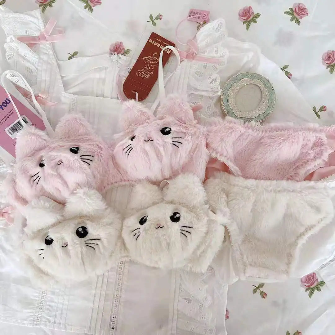 Japanese Kawaii Plush Women Bra Set Cute Girl Cat Comfortable Bra Set Cartoon Underwear Lovely Soft Student Lingerie