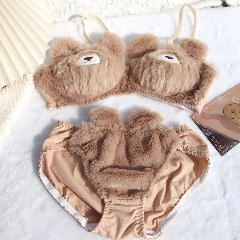Japanese Girls Winter Soft Ropa Interior Cute Lingerie for Women Cartoon Bear Students Plush Sexy Bras Wireless Thin Bra Set