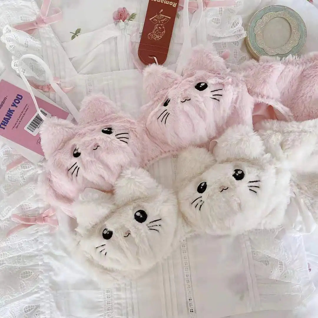Japanese Kawaii Plush Women Bra Set Cute Girl Cat Comfortable Bra Set Cartoon Underwear Lovely Soft Student Lingerie