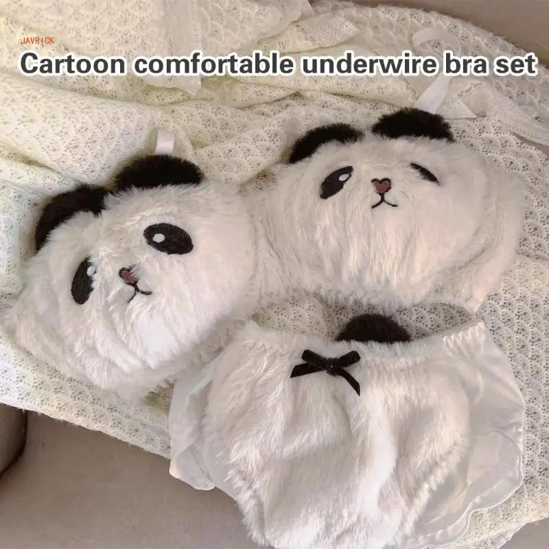 Women's Cartoon Panda Pattern Winter Lingerie Furry Plush Bra and Panty Set School Girl Japanese Anime Cosplay Underwear
