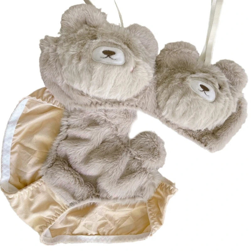 Women's 2Pcs Furry Bra and Panty Set Bear Pattern Fuzzy Plush Wireless Brassiere Underwear Japanese Anime Lingerie