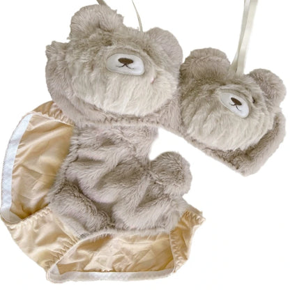 Women's 2Pcs Furry Bra and Panty Set Bear Pattern Fuzzy Plush Wireless Brassiere Underwear Japanese Anime Lingerie