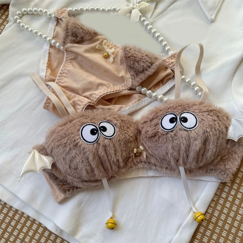 Funny Cats Underwear Set Faux Furs Bra Top and Panty Plush Lingerie Set Cartoon Lovely Bra Set Holiday Gifts for Womens