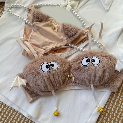 Funny Cats Underwear Set Faux Furs Bra Top and Panty Plush Lingerie Set Cartoon Lovely Bra Set Holiday Gifts for Womens