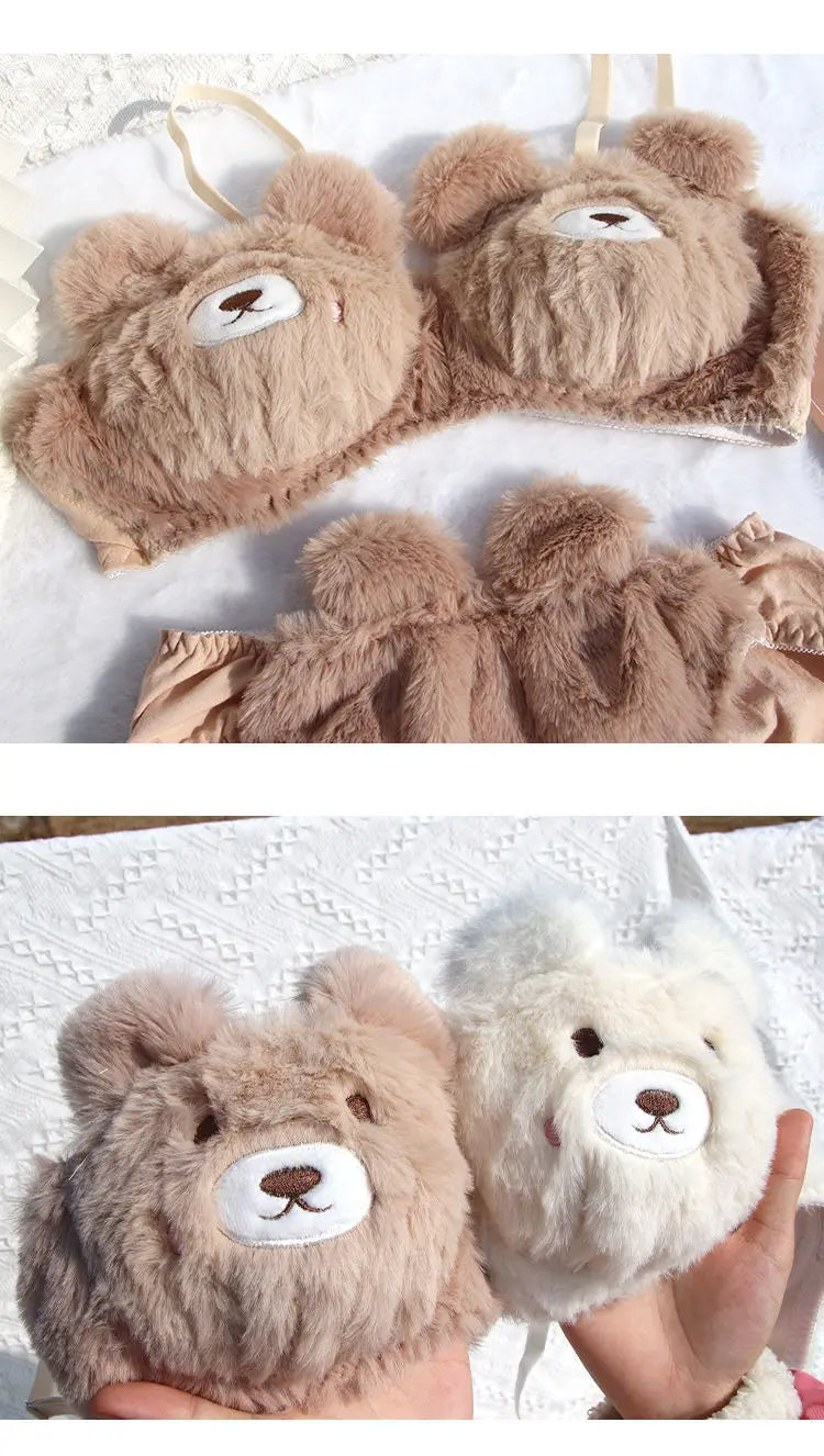 Japanese Girls Winter Soft Ropa Interior Cute Lingerie for Women Cartoon Bear Students Plush  Sexy Bras Wireless Thin Bra Set