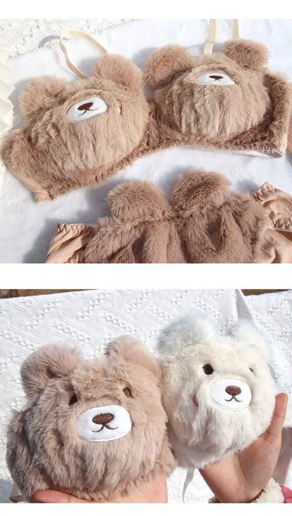 Japanese Girls Winter Soft Ropa Interior Cute Lingerie for Women Cartoon Bear Students Plush  Sexy Bras Wireless Thin Bra Set