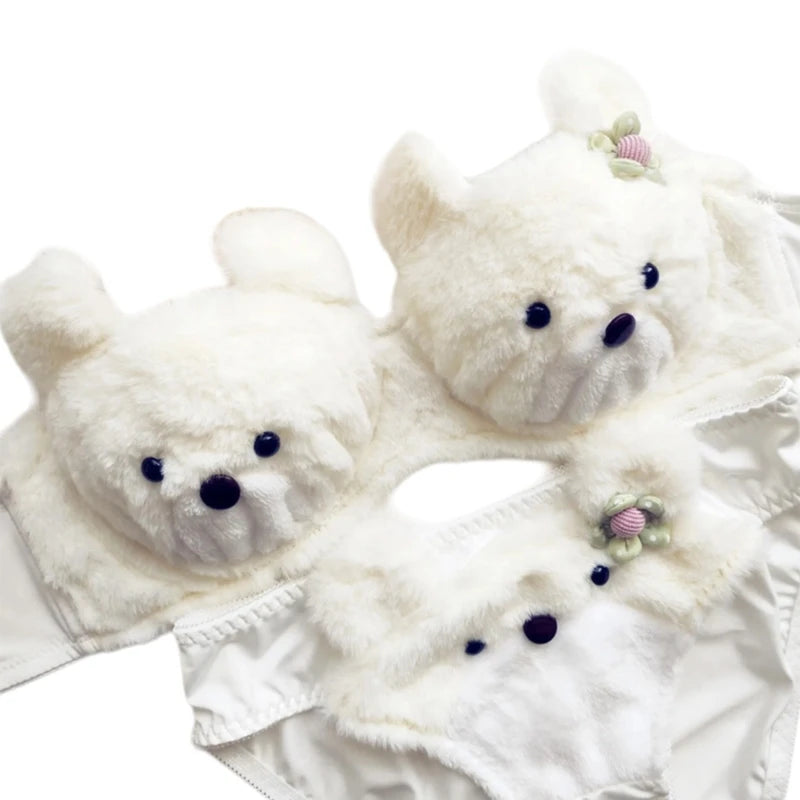 Women's Cartoon Panda Pattern Winter Lingerie Furry Plush Bra and Panty Set School Girl Japanese Anime Cosplay Underwear