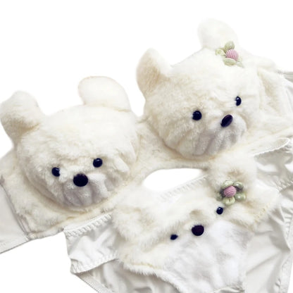Women's Cartoon Panda Pattern Winter Lingerie Furry Plush Bra and Panty Set School Girl Japanese Anime Cosplay Underwear
