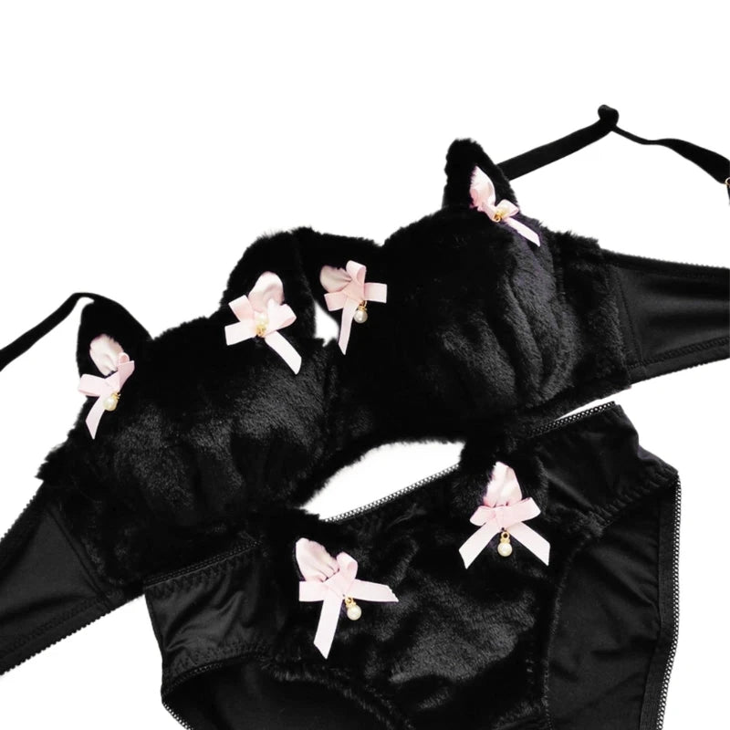 Women's Cartoon Panda Pattern Winter Lingerie Furry Plush Bra and Panty Set School Girl Japanese Anime Cosplay Underwear