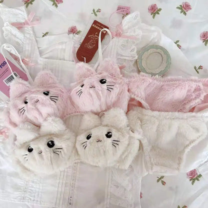Japanese Kawaii Plush Women Bra Set Cute Girl Cat Comfortable Bra Set Cartoon Underwear Lovely Soft Student Lingerie