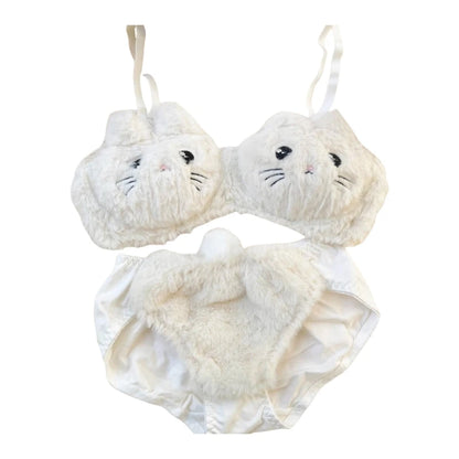 Women's Cartoon Panda Pattern Winter Lingerie Furry Plush Bra and Panty Set School Girl Japanese Anime Cosplay Underwear