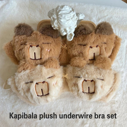 Women's Cartoon Panda Pattern Winter Lingerie Furry Plush Bra and Panty Set School Girl Japanese Anime Cosplay Underwear