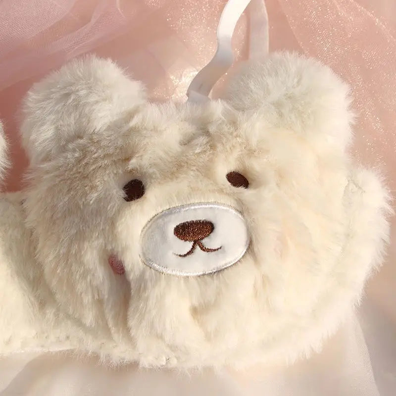 Japanese Girls Winter Soft Ropa Interior Cute Lingerie for Women Cartoon Bear Students Plush  Sexy Bras Wireless Thin Bra Set