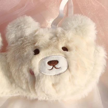 Japanese Girls Winter Soft Ropa Interior Cute Lingerie for Women Cartoon Bear Students Plush  Sexy Bras Wireless Thin Bra Set
