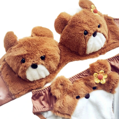 Women's Cartoon Panda Pattern Winter Lingerie Furry Plush Bra and Panty Set School Girl Japanese Anime Cosplay Underwear