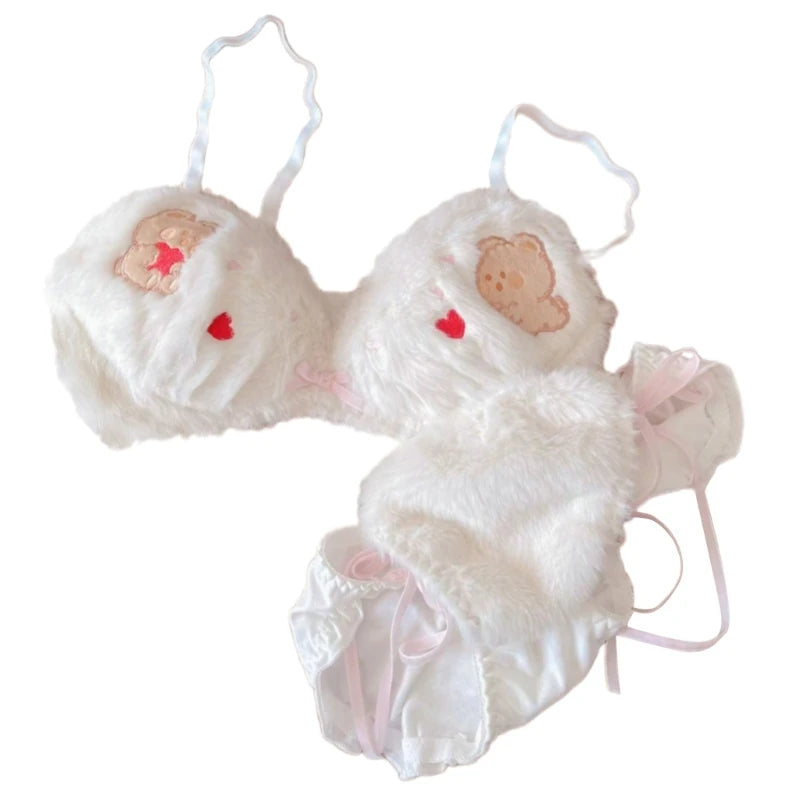 Women's Cartoon Panda Pattern Winter Lingerie Furry Plush Bra and Panty Set School Girl Japanese Anime Cosplay Underwear