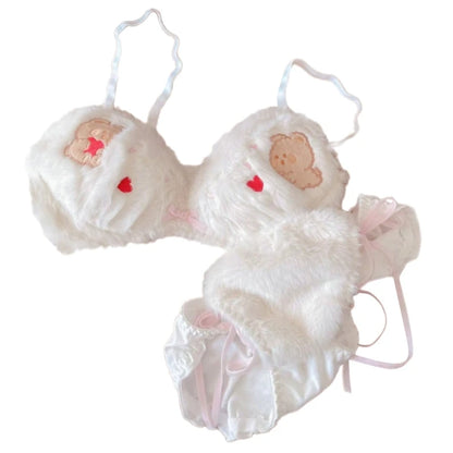 Women's Cartoon Panda Pattern Winter Lingerie Furry Plush Bra and Panty Set School Girl Japanese Anime Cosplay Underwear