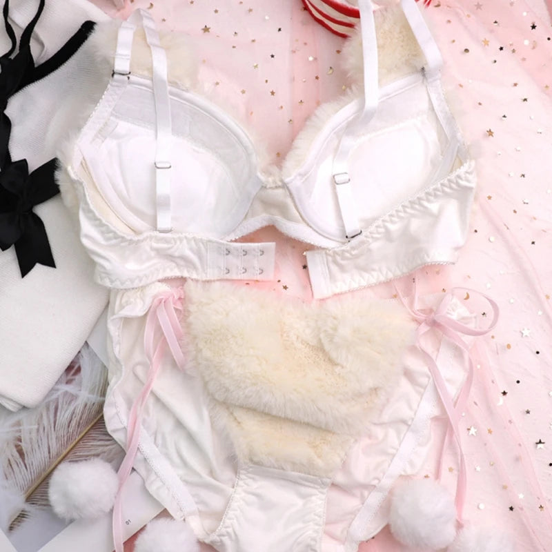 Women's Cartoon Panda Pattern Winter Lingerie Furry Plush Bra and Panty Set School Girl Japanese Anime Cosplay Underwear