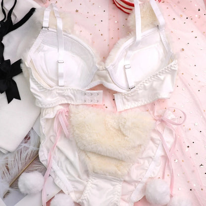 Women's Cartoon Panda Pattern Winter Lingerie Furry Plush Bra and Panty Set School Girl Japanese Anime Cosplay Underwear