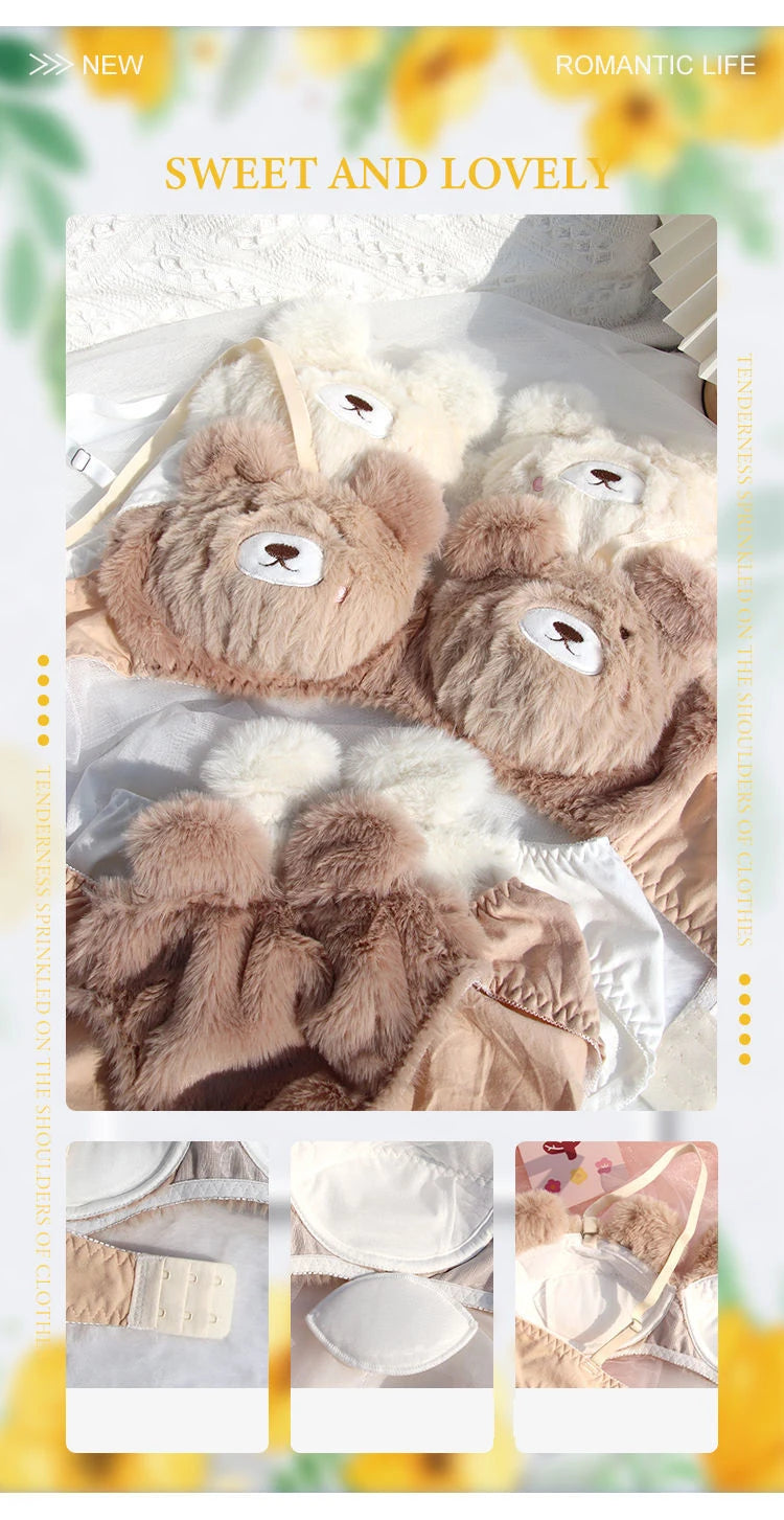 Japanese Girls Winter Soft Ropa Interior Cute Lingerie for Women Cartoon Bear Students Plush  Sexy Bras Wireless Thin Bra Set