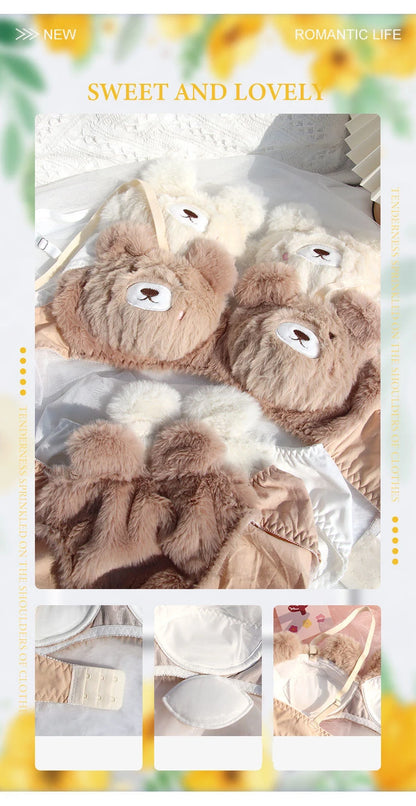 Japanese Girls Winter Soft Ropa Interior Cute Lingerie for Women Cartoon Bear Students Plush  Sexy Bras Wireless Thin Bra Set