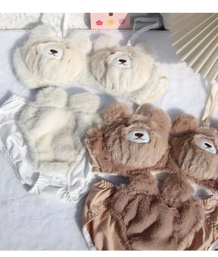 Japanese Girls Winter Soft Ropa Interior Cute Lingerie for Women Cartoon Bear Students Plush  Sexy Bras Wireless Thin Bra Set