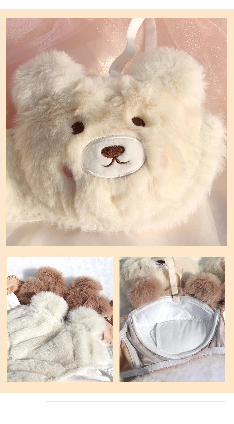 Japanese Girls Winter Soft Ropa Interior Cute Lingerie for Women Cartoon Bear Students Plush  Sexy Bras Wireless Thin Bra Set