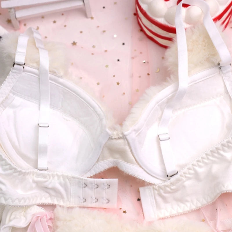 Women's Cartoon Panda Pattern Winter Lingerie Furry Plush Bra and Panty Set School Girl Japanese Anime Cosplay Underwear