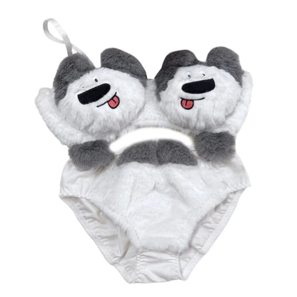 Women's Cartoon Panda Pattern Winter Lingerie Furry Plush Bra and Panty Set School Girl Japanese Anime Cosplay Underwear
