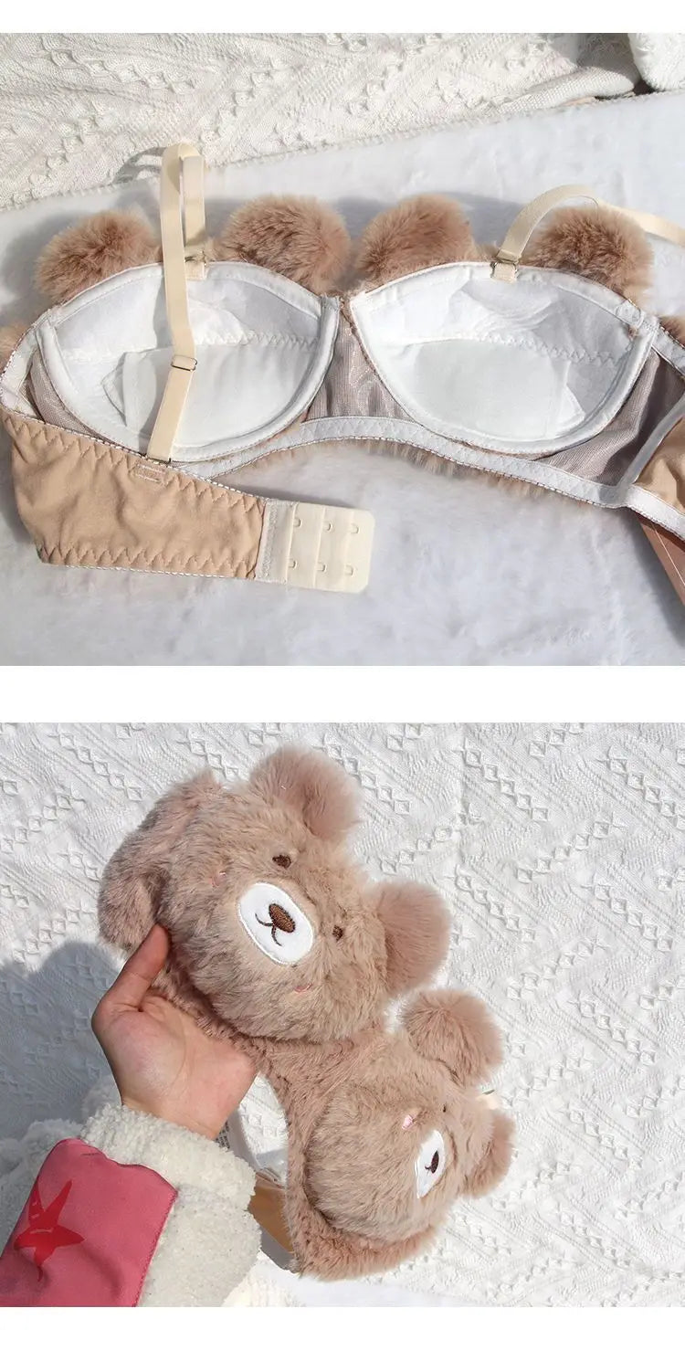 Japanese Girls Winter Soft Ropa Interior Cute Lingerie for Women Cartoon Bear Students Plush  Sexy Bras Wireless Thin Bra Set