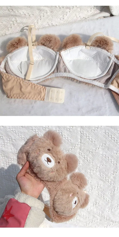 Japanese Girls Winter Soft Ropa Interior Cute Lingerie for Women Cartoon Bear Students Plush  Sexy Bras Wireless Thin Bra Set