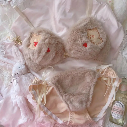 Japanese Girls Winter Soft Ropa Interior Cute Lingerie for Women Cartoon Bear Students Plush  Sexy Bras Wireless Thin Bra Set
