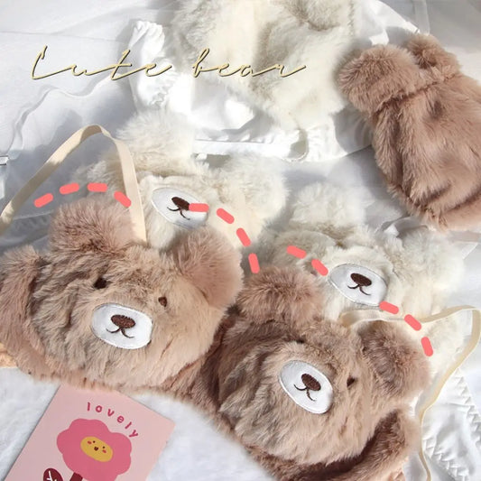 Japanese Girls Winter Soft Ropa Interior Cute Lingerie for Women Cartoon Bear Students Plush  Sexy Bras Wireless Thin Bra Set