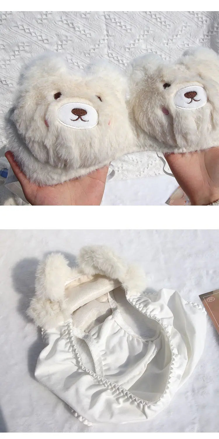 Japanese Girls Winter Soft Ropa Interior Cute Lingerie for Women Cartoon Bear Students Plush  Sexy Bras Wireless Thin Bra Set