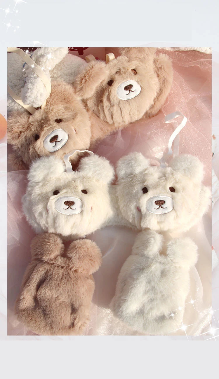 Japanese Girls Winter Soft Ropa Interior Cute Lingerie for Women Cartoon Bear Students Plush  Sexy Bras Wireless Thin Bra Set