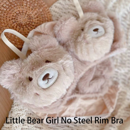 Women's 2Pcs Furry Bra and Panty Set Bear Pattern Fuzzy Plush Wireless Brassiere Underwear Japanese Anime Lingerie