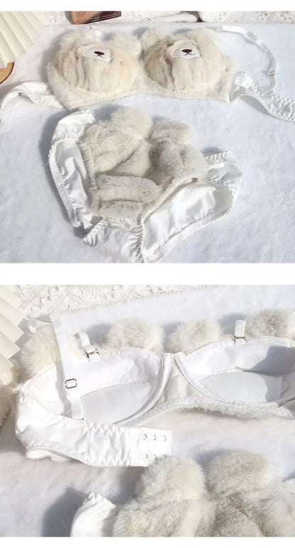 Japanese Girls Winter Soft Ropa Interior Cute Lingerie for Women Cartoon Bear Students Plush  Sexy Bras Wireless Thin Bra Set