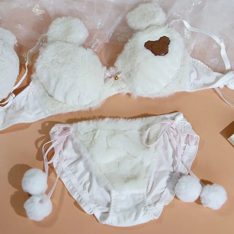 Japanese Girls Winter Soft Ropa Interior Cute Lingerie for Women Cartoon Bear Students Plush  Sexy Bras Wireless Thin Bra Set