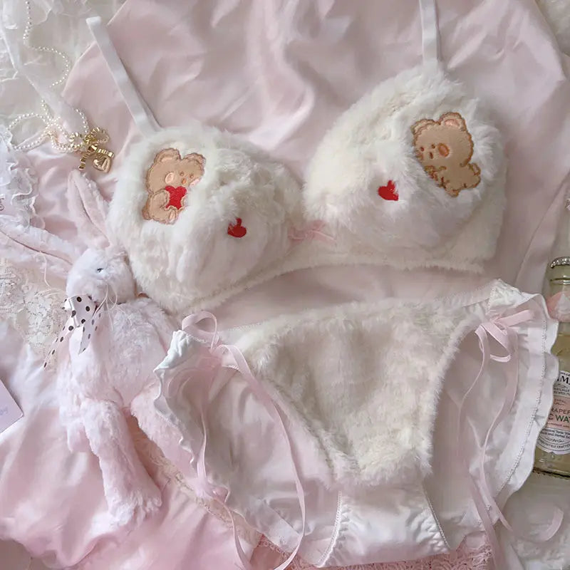 Japanese Girls Winter Soft Ropa Interior Cute Lingerie for Women Cartoon Bear Students Plush  Sexy Bras Wireless Thin Bra Set