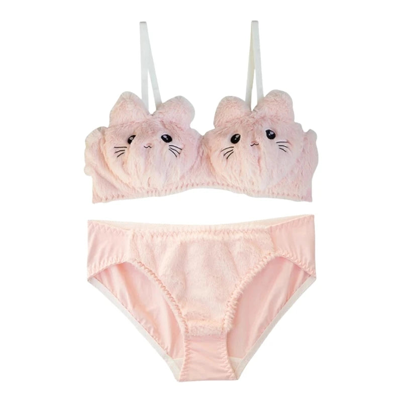 Women's Cartoon Panda Pattern Winter Lingerie Furry Plush Bra and Panty Set School Girl Japanese Anime Cosplay Underwear